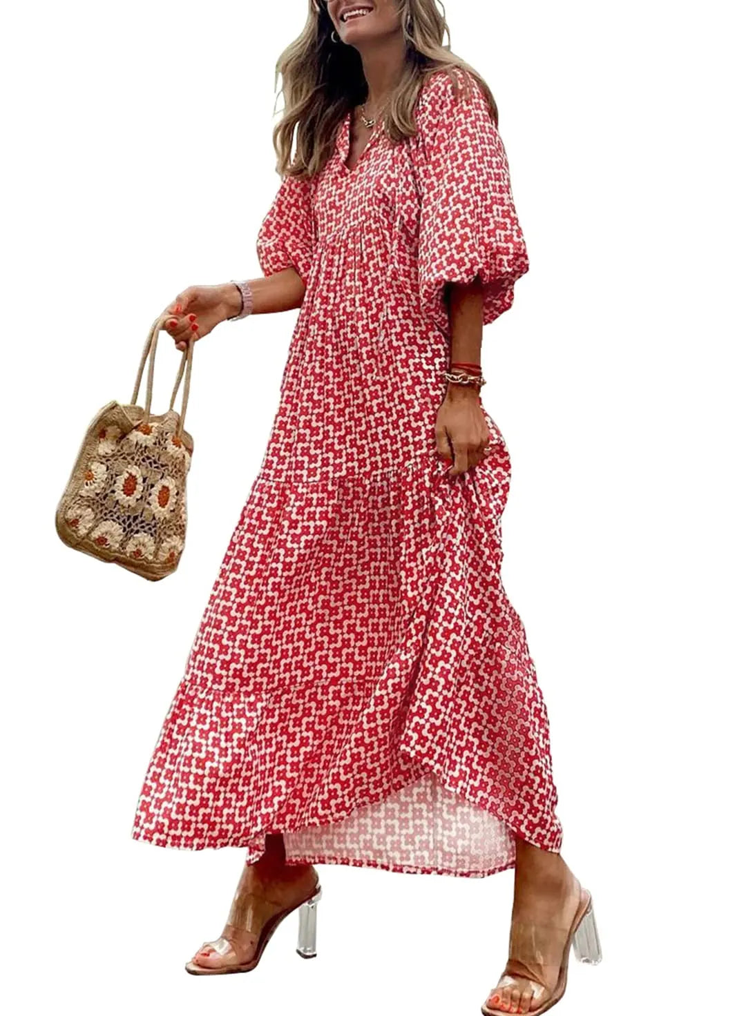 Women's Puff Sleeve Floral Boho Maxi Dress