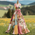 Women's  Floral Art Patchwork V Neck Comfy Maxi Dress