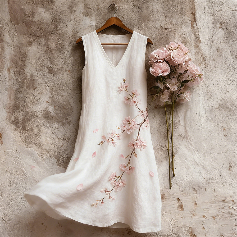 Japanese Style Pink Cherry Blossom Embroidered Sleeveless Dress