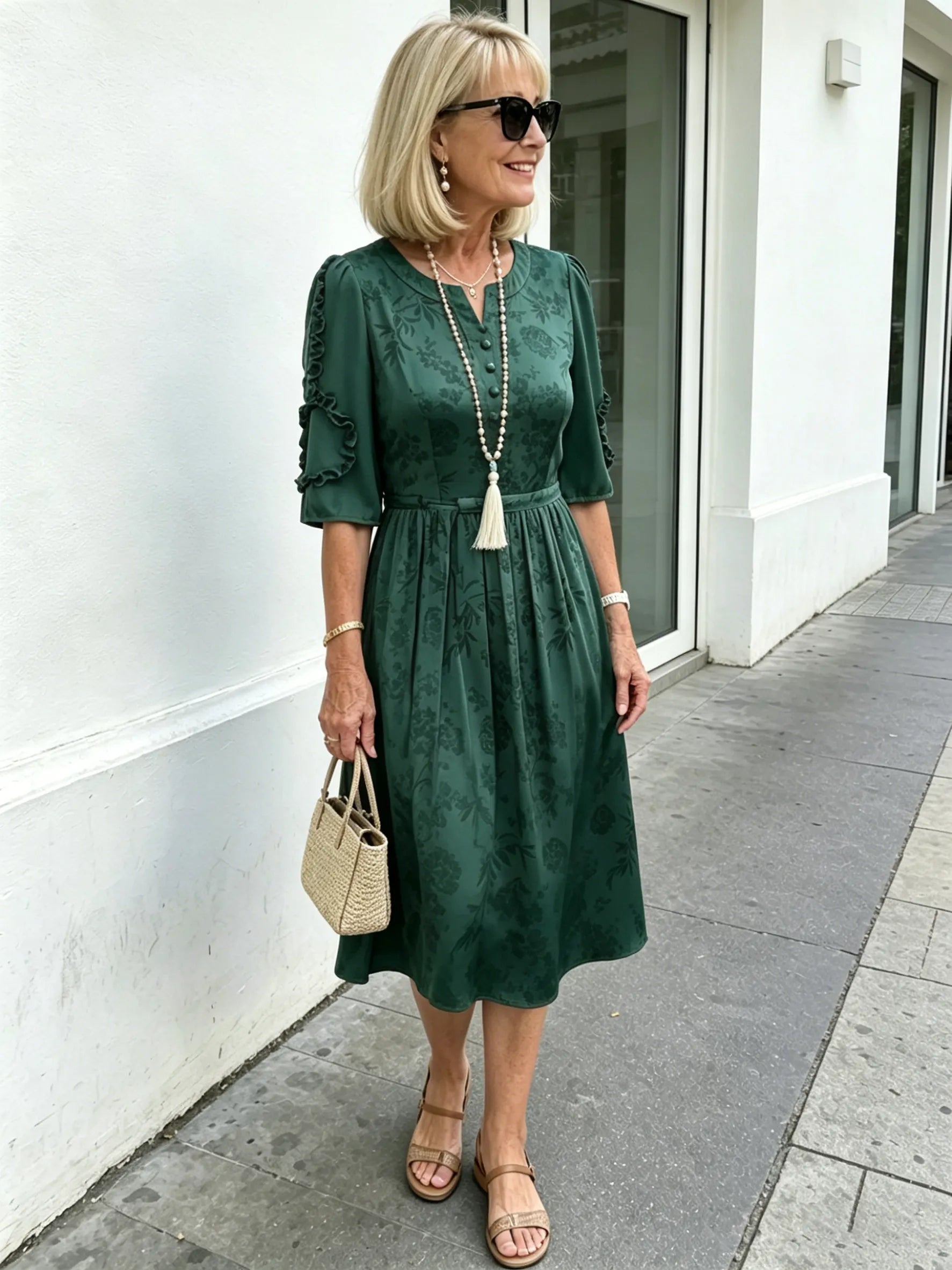 Coffee Brown Floral Print Midi Dress, Split Neck Button Front Ruffle 3/4 Sleeve Tie Waist Slimming Dress for Mature Women