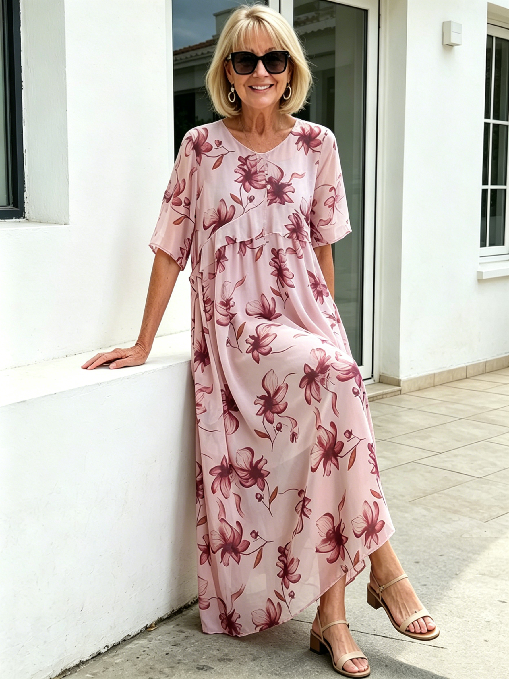 Blush Pink Floral Chiffon Maxi Dress, Round Neck Short Sleeve Loose Tummy Concealing Age-Reducing Dress for Mature Women