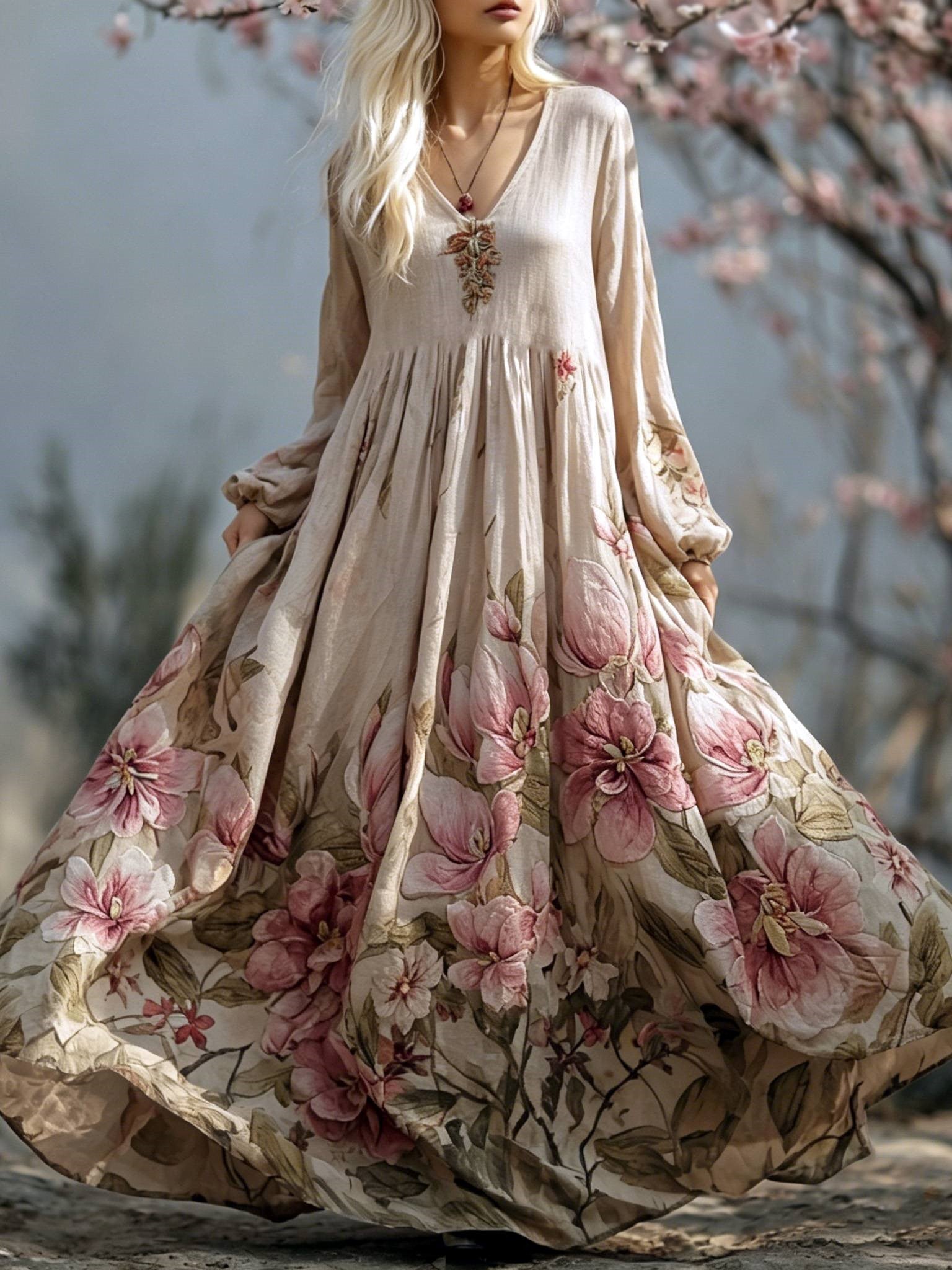 Women's Bohemian Style Floral Print Cotton And Linen Comfortable V-neck Dress