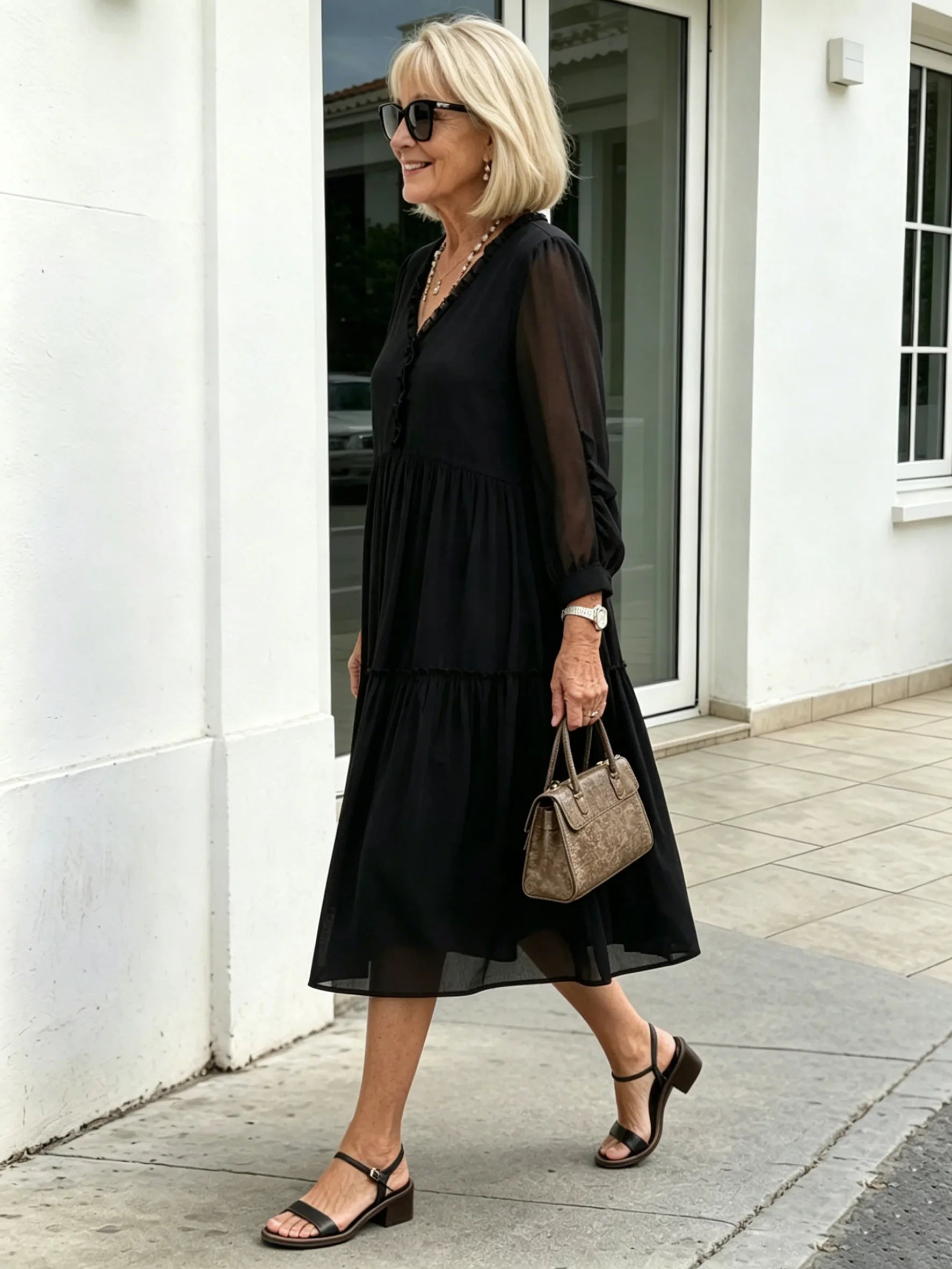 Black French Retro Tiered Midi Dress, Ruffle V-Neck Sheer 3/4 Sleeve Loose Pleated Chiffon Dress for Mature Women