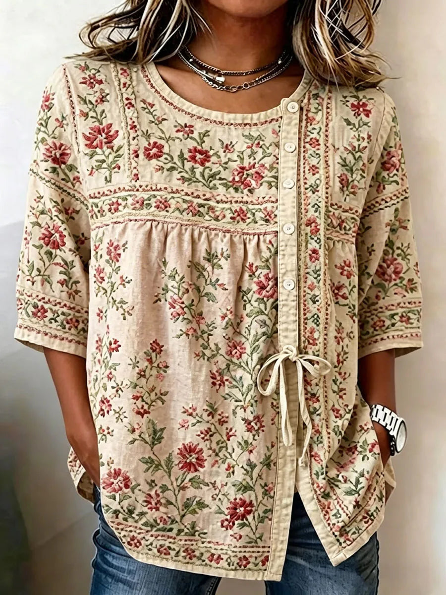 Women'S Casual Print Cotton Linen Print Top
