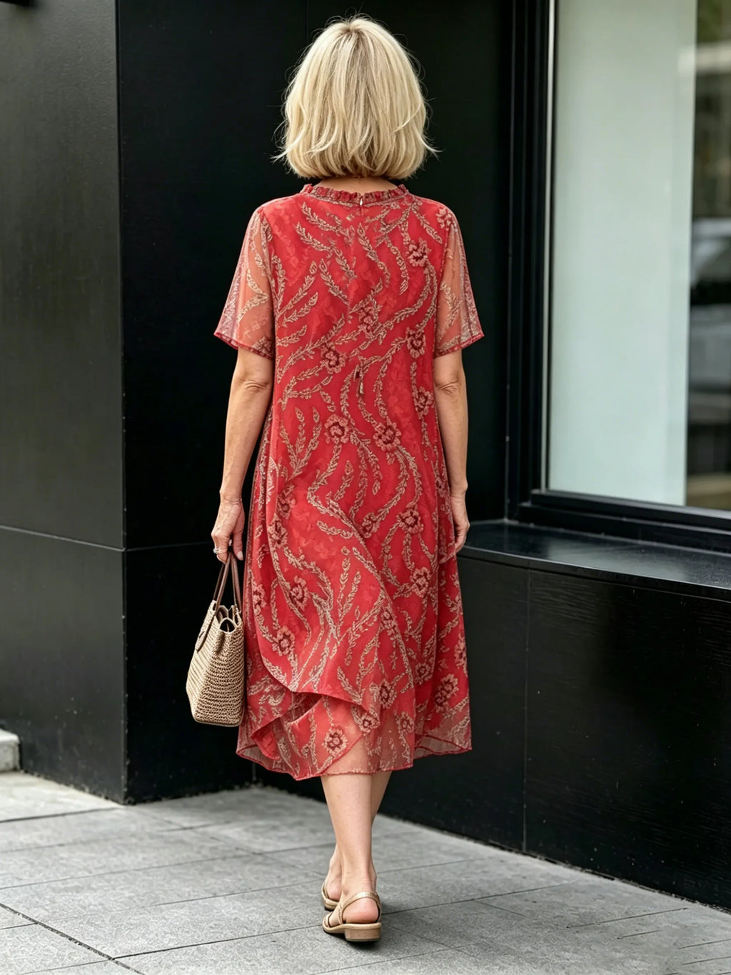 Dark Green Floral Print Mesh Midi Dress, Tie Neck Short Sleeve Loose Tummy Concealing Elegant Dress for Mature Women