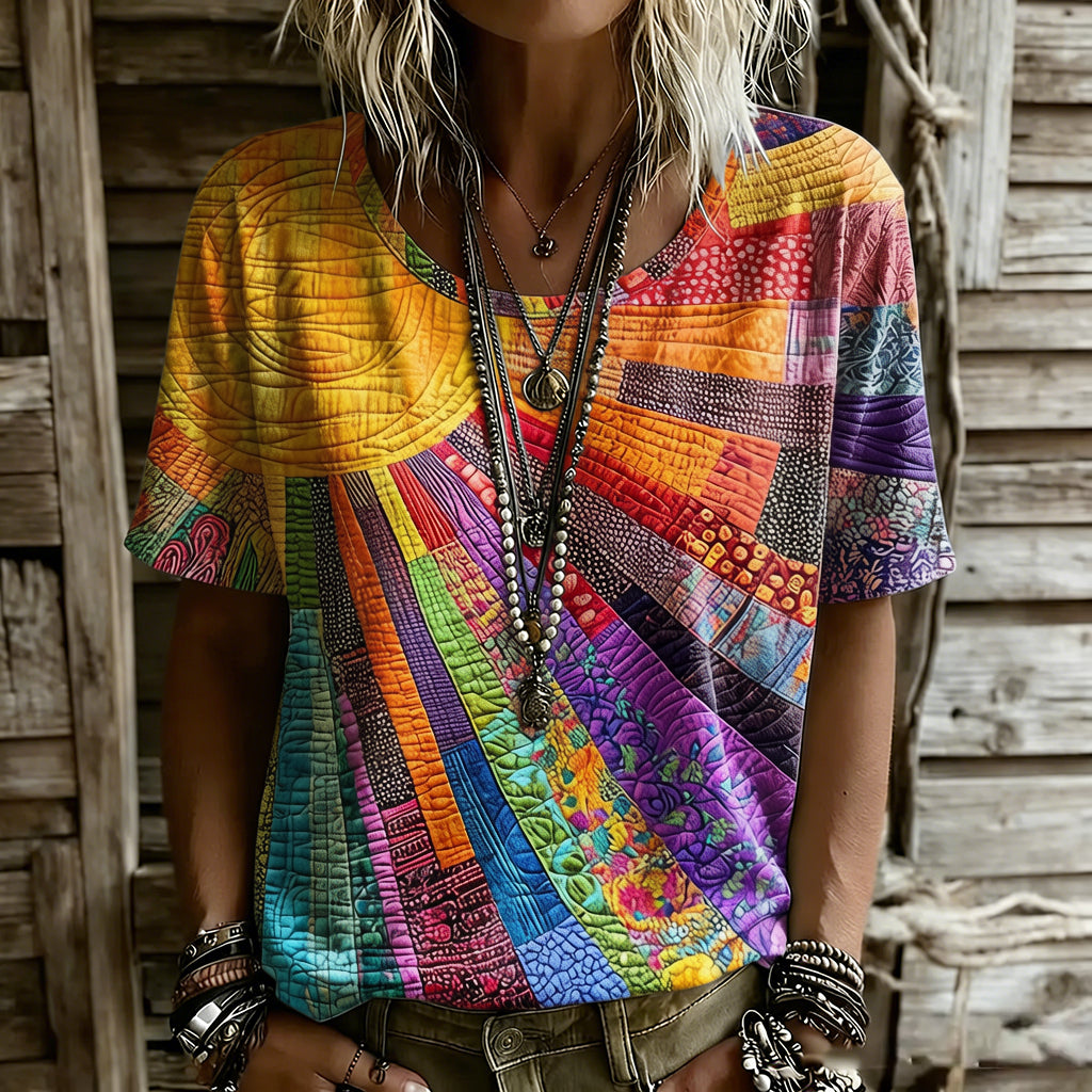 Women's Vintage Colorful Sun With Floral Print Flowy Linen Blend  Three-quarter Sleeve V Neck Linen Tops