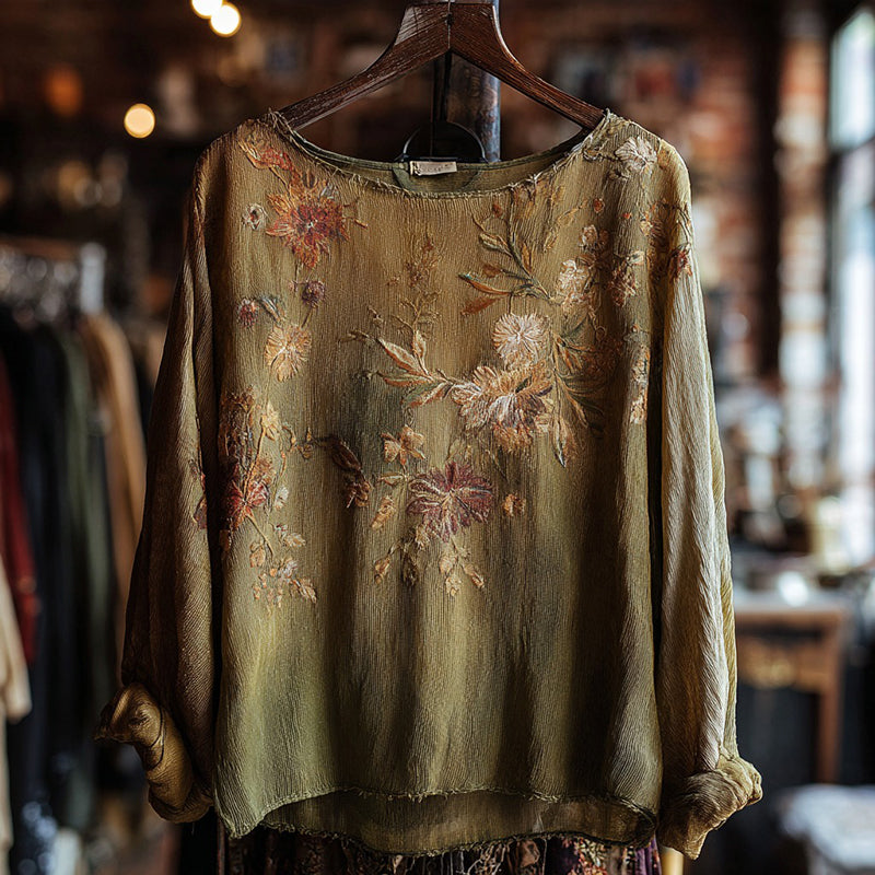 Women's Bohemian Floral Print Casual Linen Round Neck T-shirt
