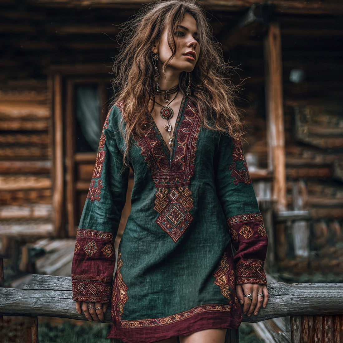 Women's Boho Tribal Ethnic Print V-neck Linen Blend Long Sleeve Dress
