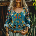 Boho Vintage Ears Of Wheat And Flower Art Inspired Cotton And Linen Round Neck Blend Loose Blouse