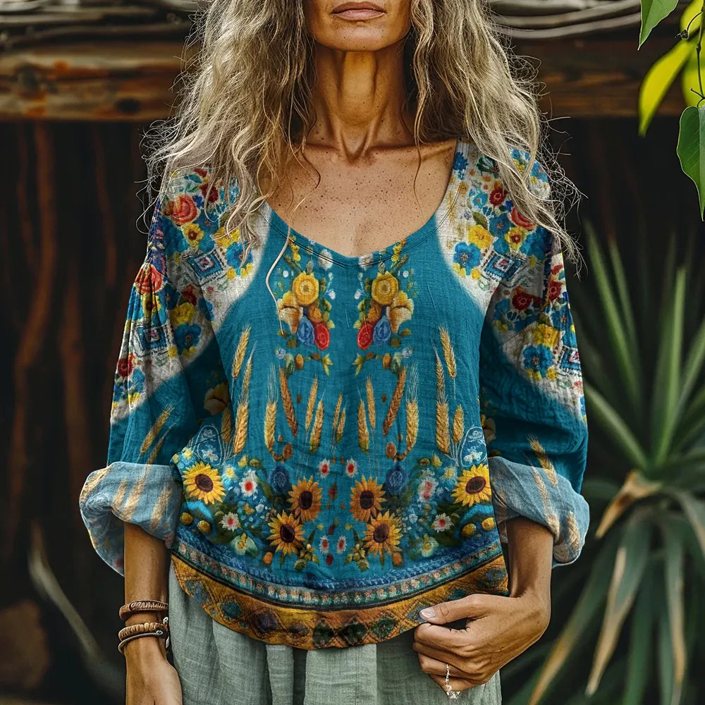 Boho Vintage Ears Of Wheat And Flower Art Inspired Cotton And Linen Round Neck Blend Loose Blouse