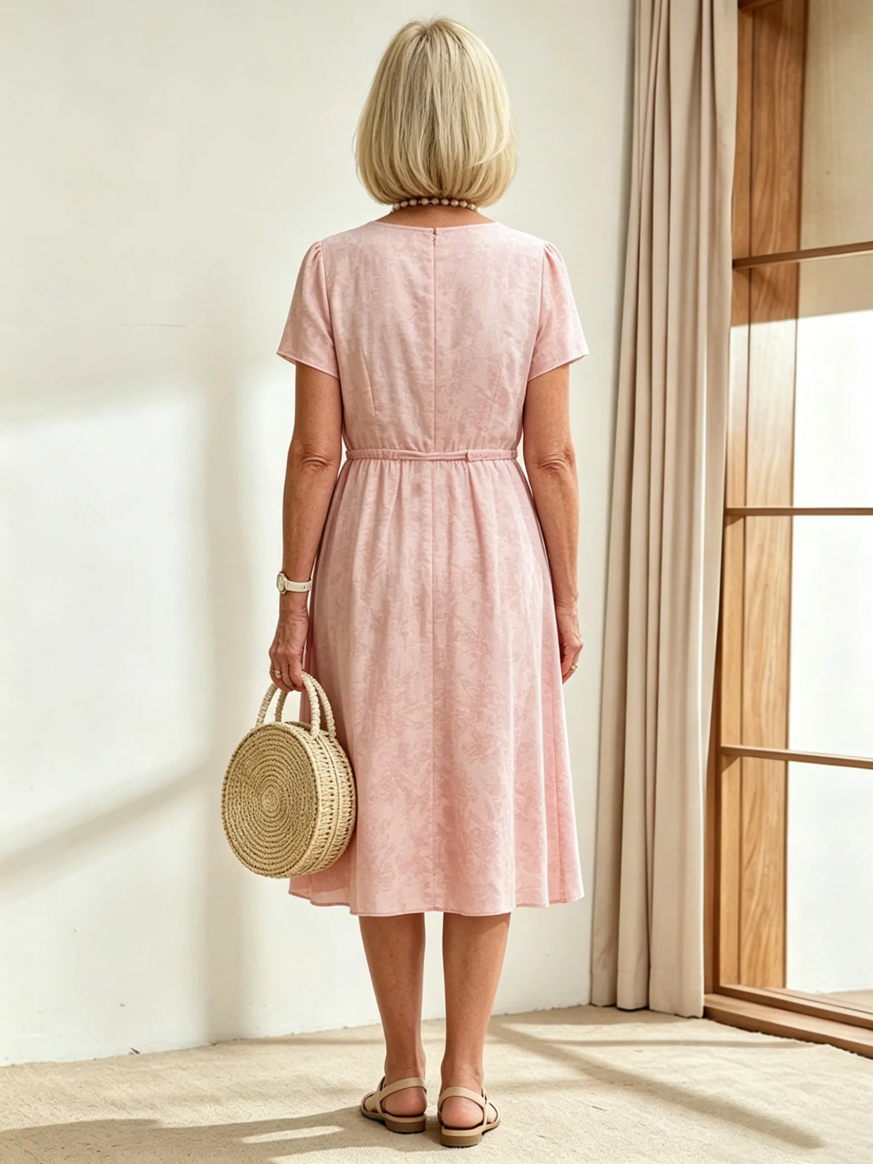 Blush Pink Drawstring Waist Midi Dress, Round Neck Short Sleeve Loose Plus Size Tummy Concealing Summer Dress for Mature Women