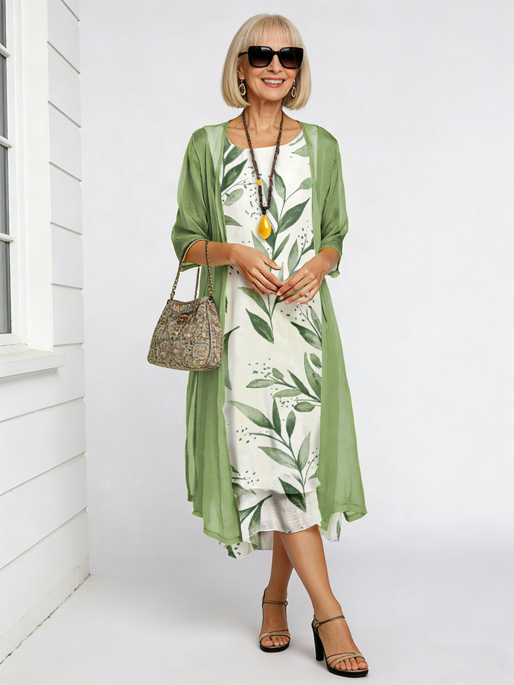 Long Dress Two-piece Flower and Plant Print Crew Neck Dress Coat Women