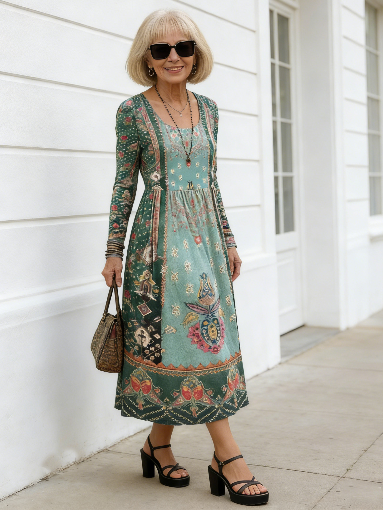 Fashion Crew Neck Long Sleeve Women's Print Flower Pattern Medium Dress Women's Dress