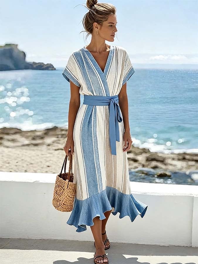Women'S Casual Color-Block Striped Dress