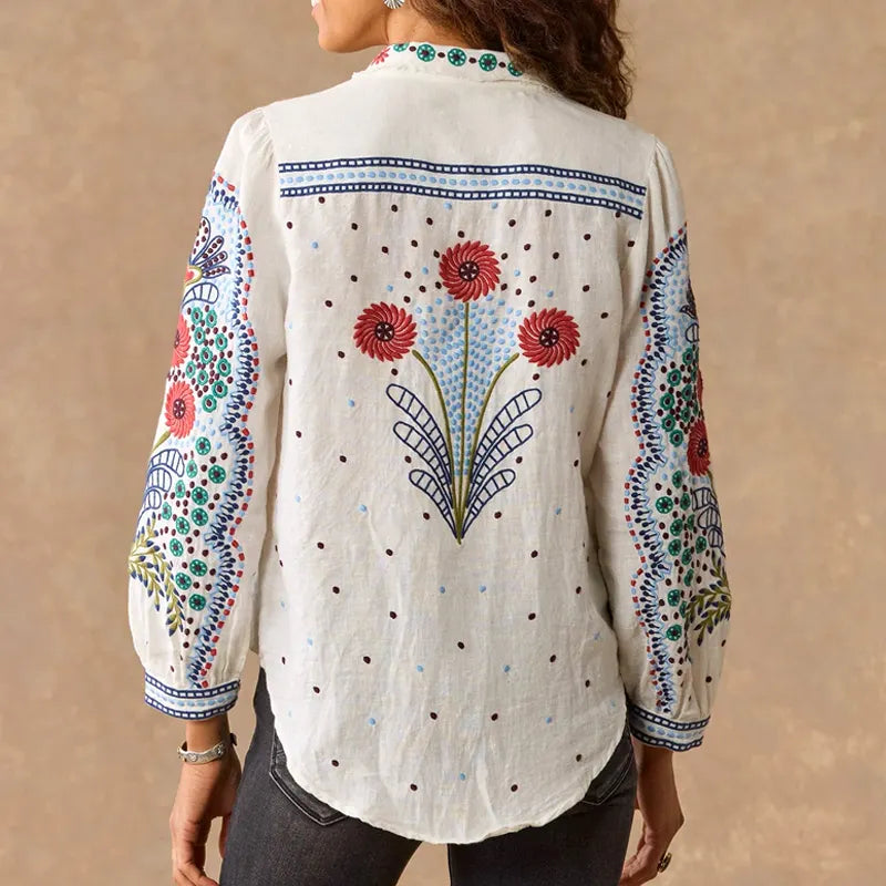 Women's Retro Flower Embroidery Button White Shirt