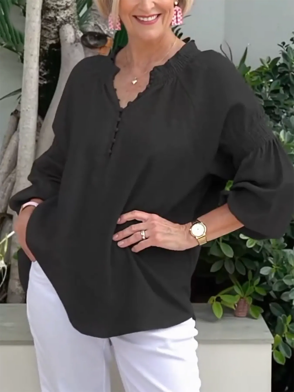 Casual V-neck Solid Color Cotton and Linen Long-sleeved Top