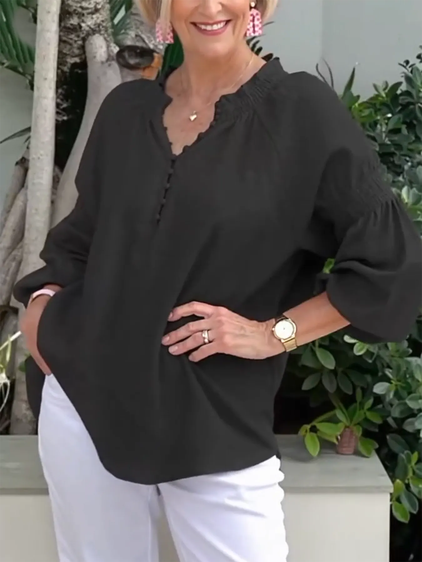 Casual V-neck Solid Color Cotton and Linen Long-sleeved Top