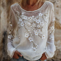 Women's Cherry Blossom Art Blended Cotton Linen Lace Spliced Casual Round Neck Long Sleeve Top