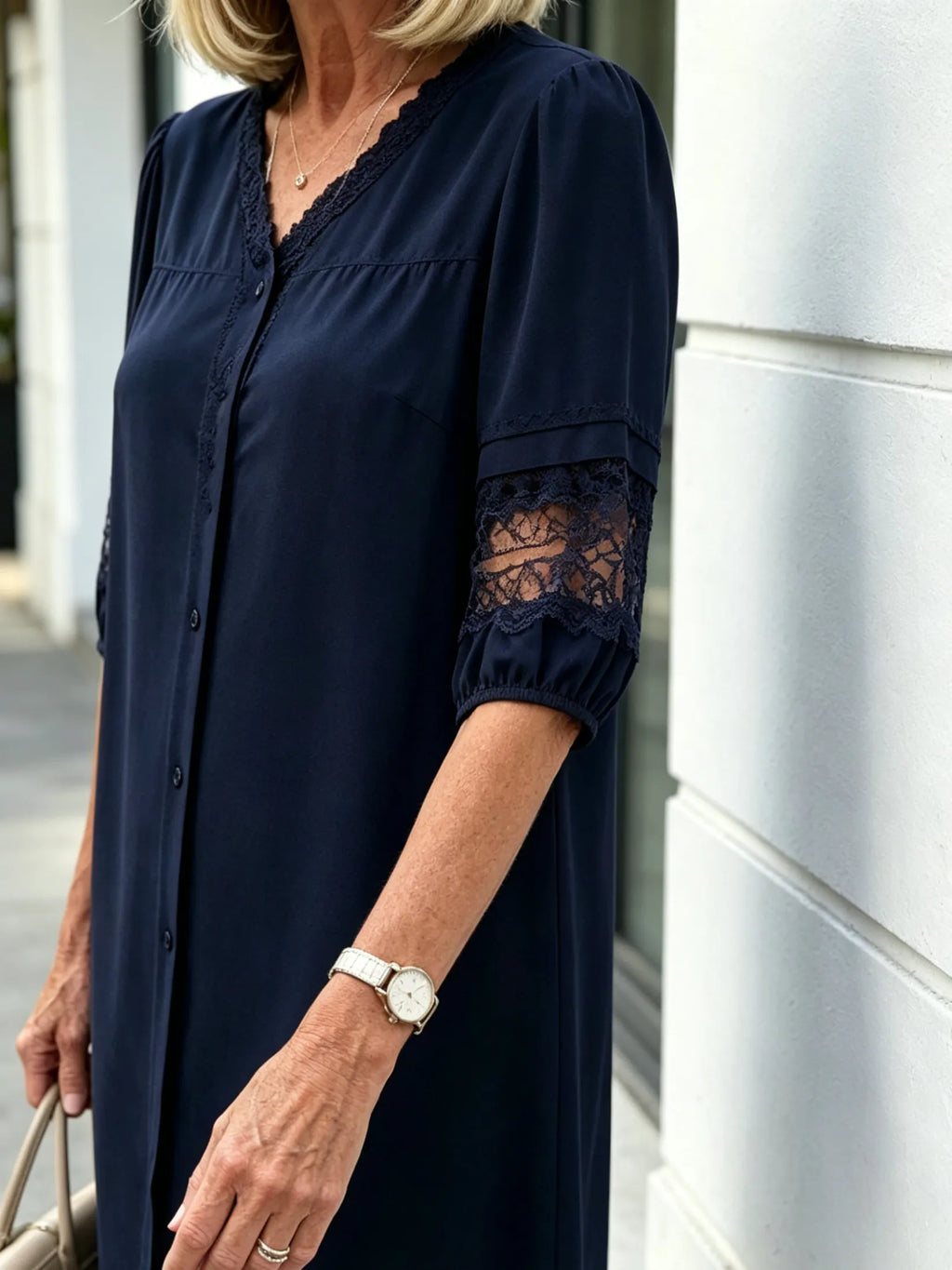 Navy Blue Lace Spliced Midi Dress, V Neck 3/4 Sleeve Loose Tummy Concealing Slimming Casual Dress for Mature Women