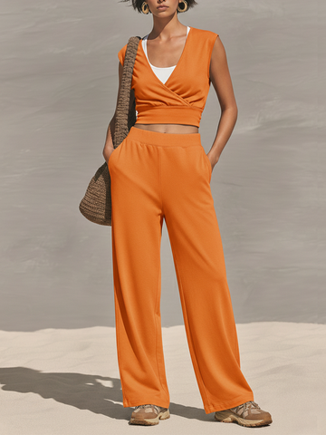 Women's Orange Jersey Two-Piece Set With Wrap Crop Top & Elastic Waist Pants, Timeless Athleisure-Chic Loungewear MDZ2303D9LYL