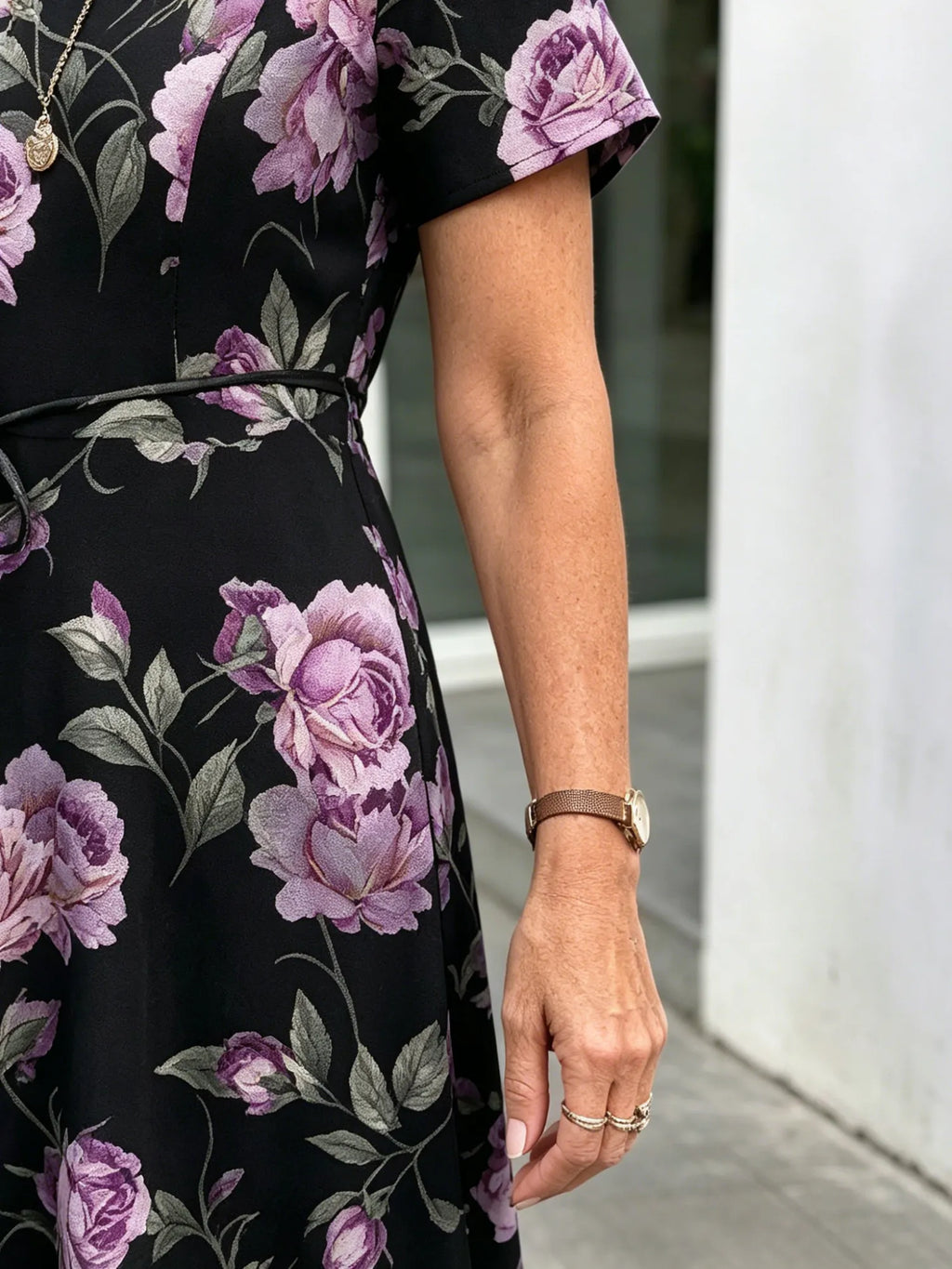 Orange Floral V-Neck Midi Dress, Short Sleeve Elastic Waist Slimming Temperament Long Dress for Mature Women