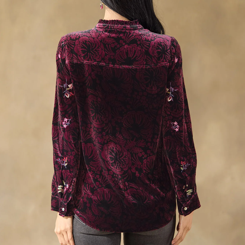 Women's Vintage Button Floral Print Embroidered Wine Red Top Shirt