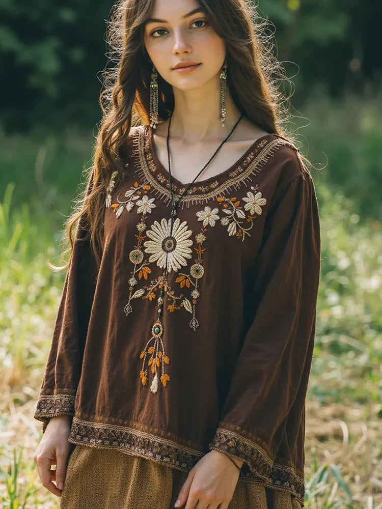 Retro Floral Embroidery Linen Blend Long Sleeve T-shirt