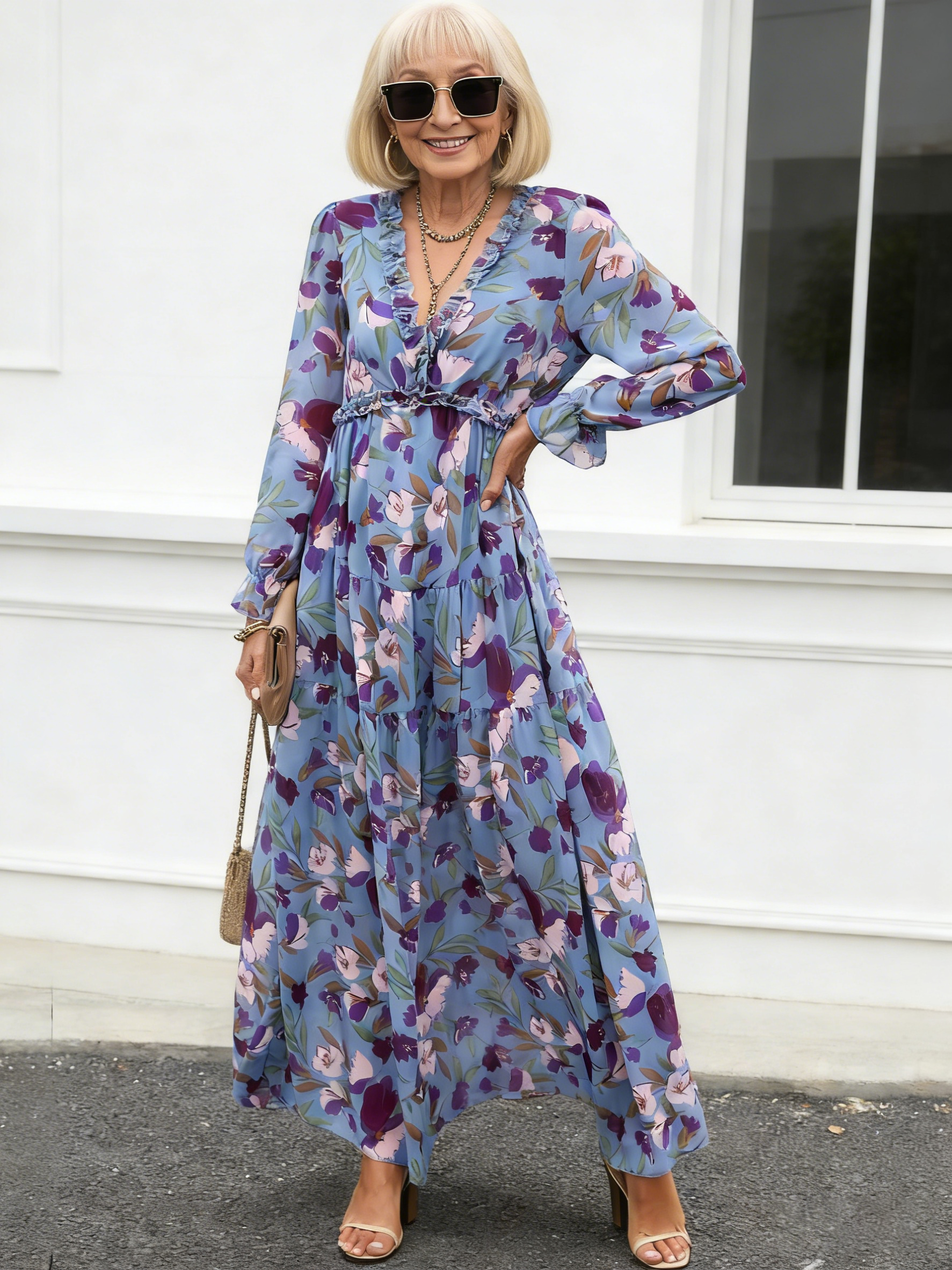Long Sleeve Women's Fashion Printing Fairy Long Temperament Evening Dress Dress