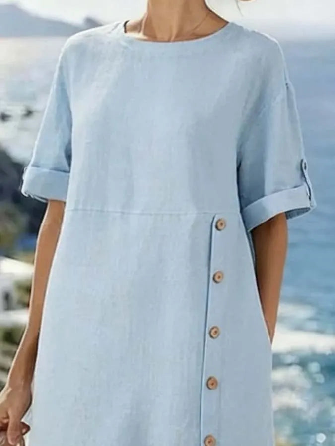 Women'S Casual Loose-Fitting Solid Color Cotton And Linen Dress