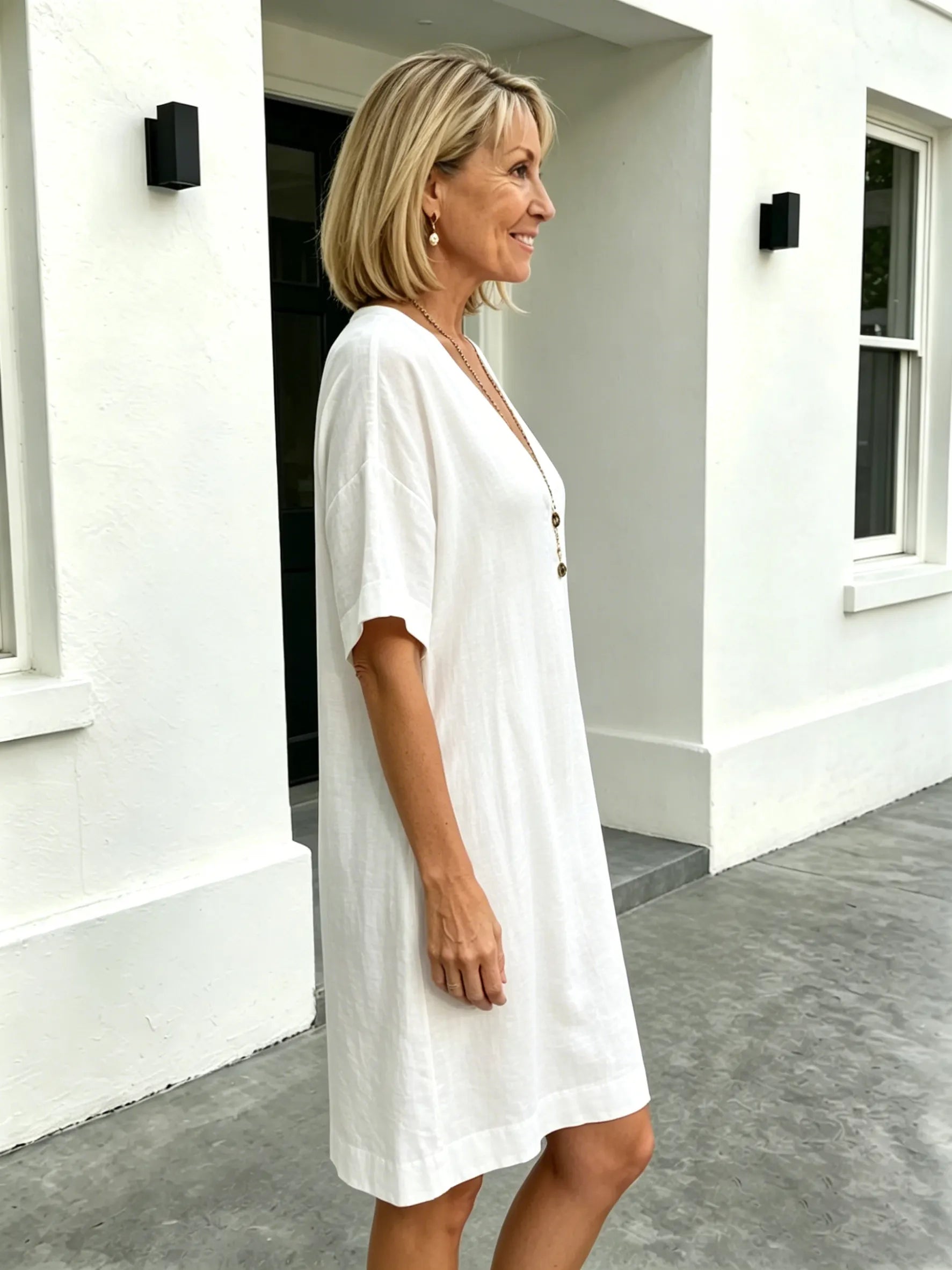 Short Sleeve V-Neck Cotton and Linen Loose Summer Dress
