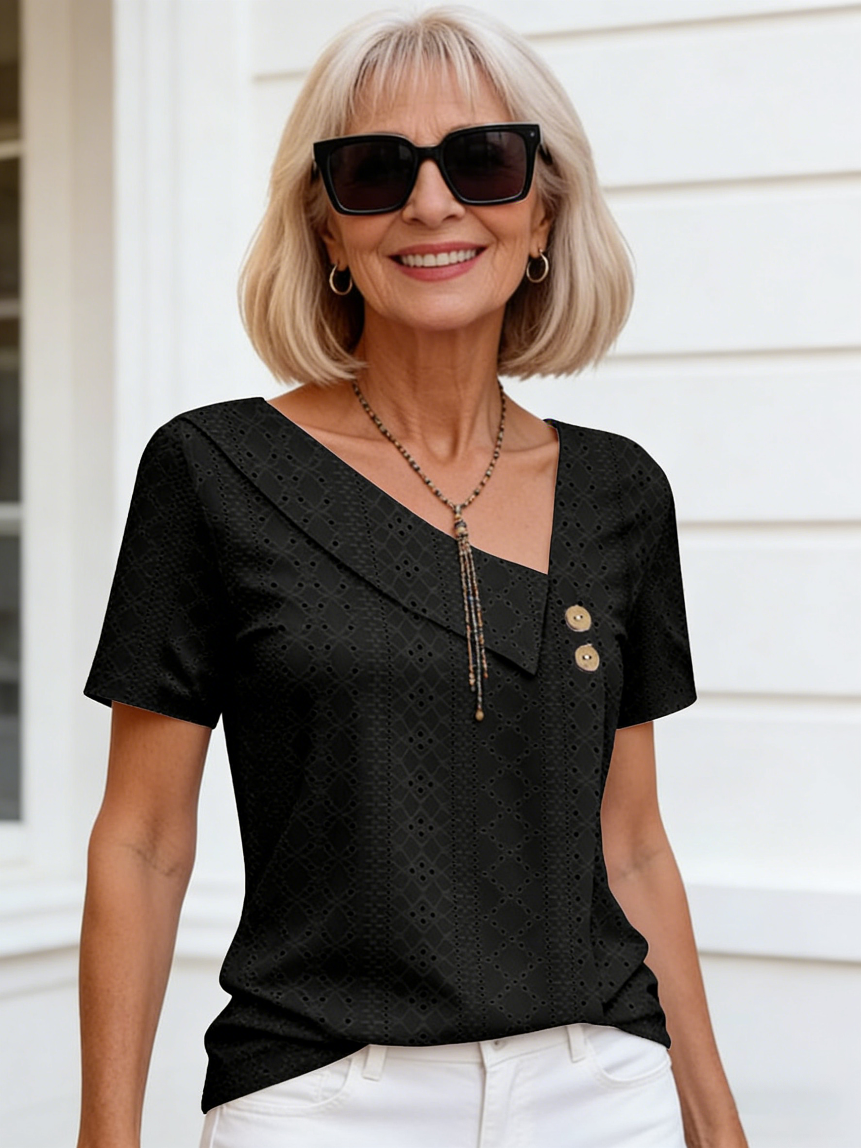 Textured Fabric Collar Button Solid Color Hollow Short Sleeve Women's Top T-Shirt Short