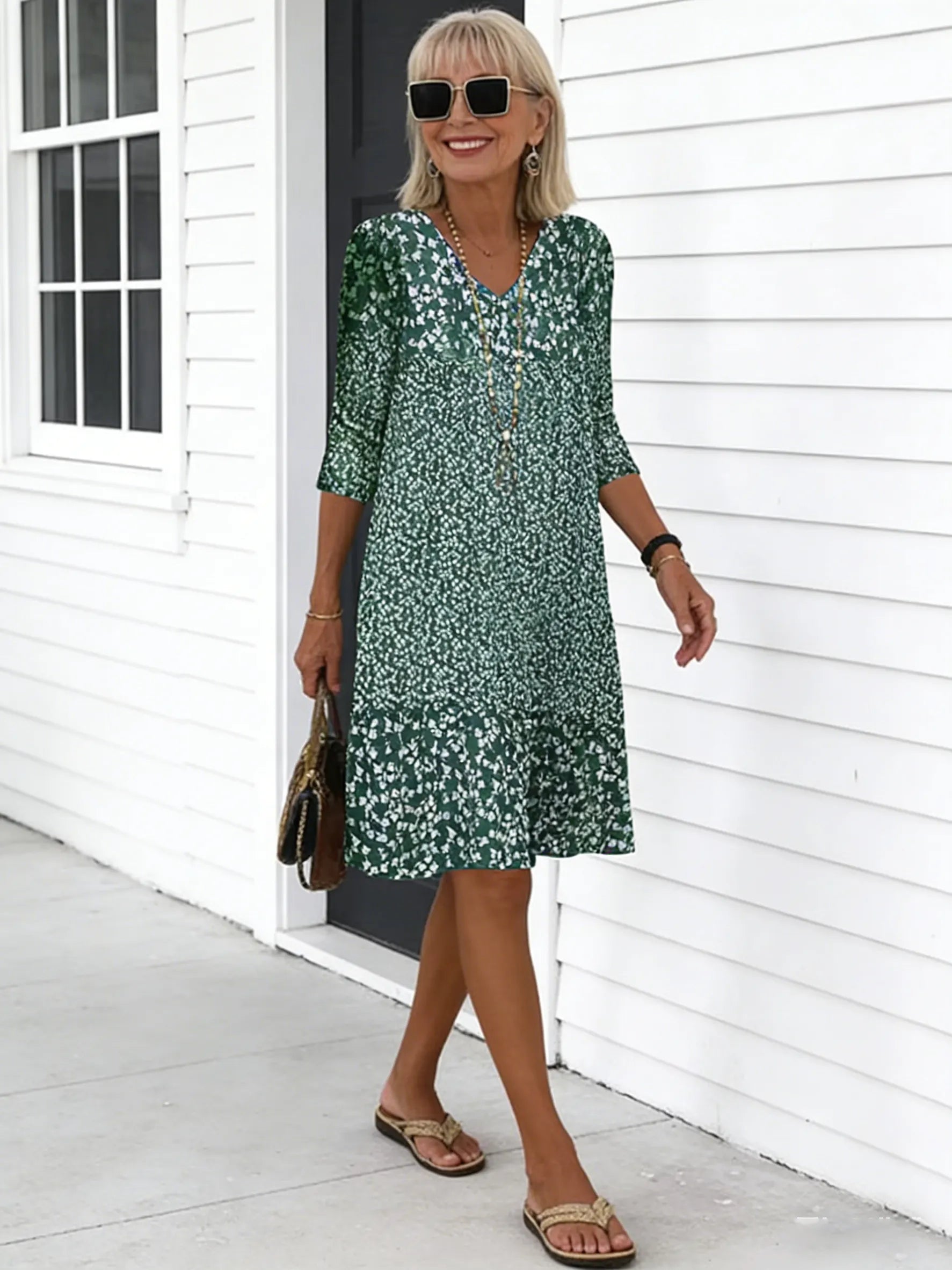 Bohemian Floral Print Half Sleeve V-neck Mid-Length Dress