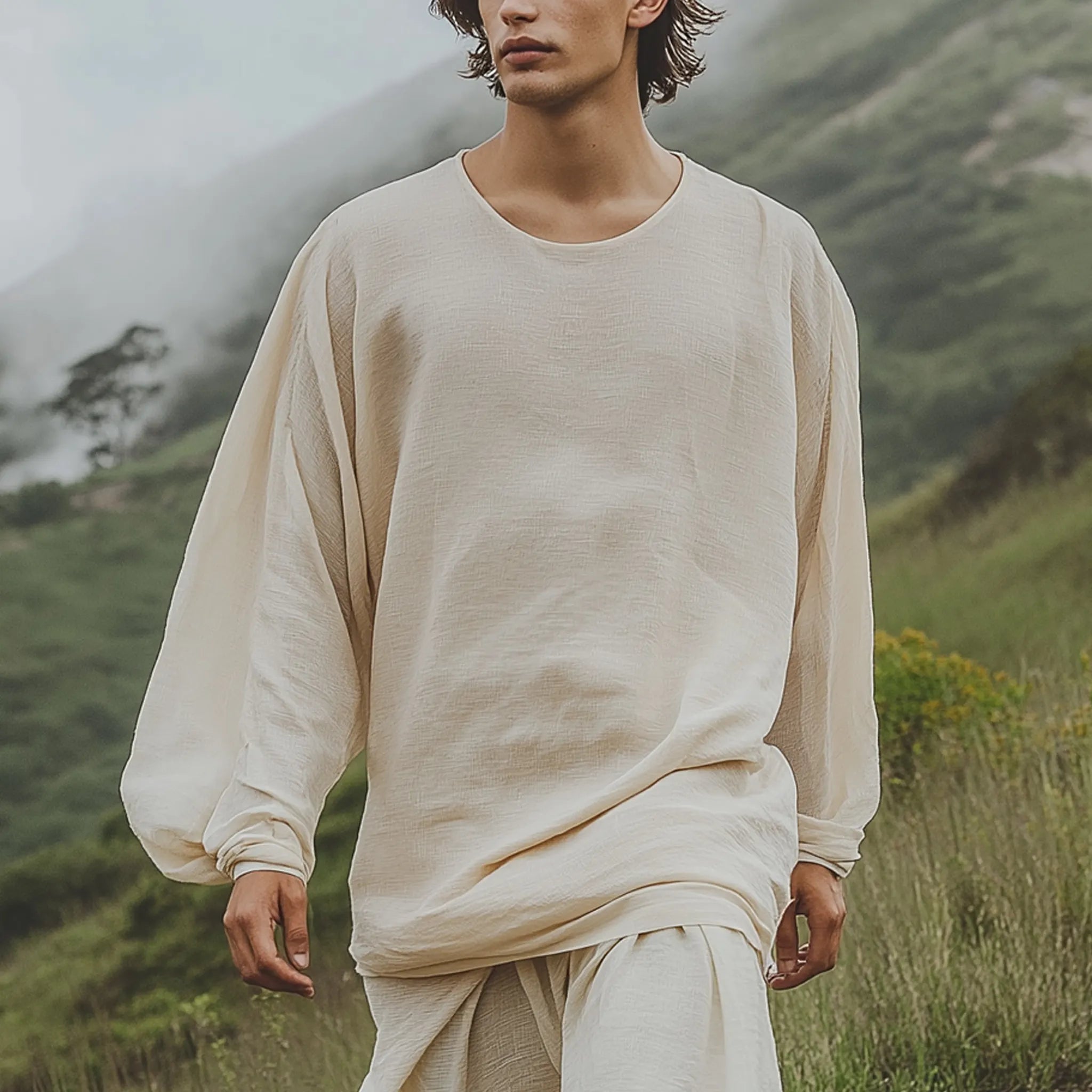 Casual Beige Linen Blend Long Sleeve Top For Outdoor Adventures