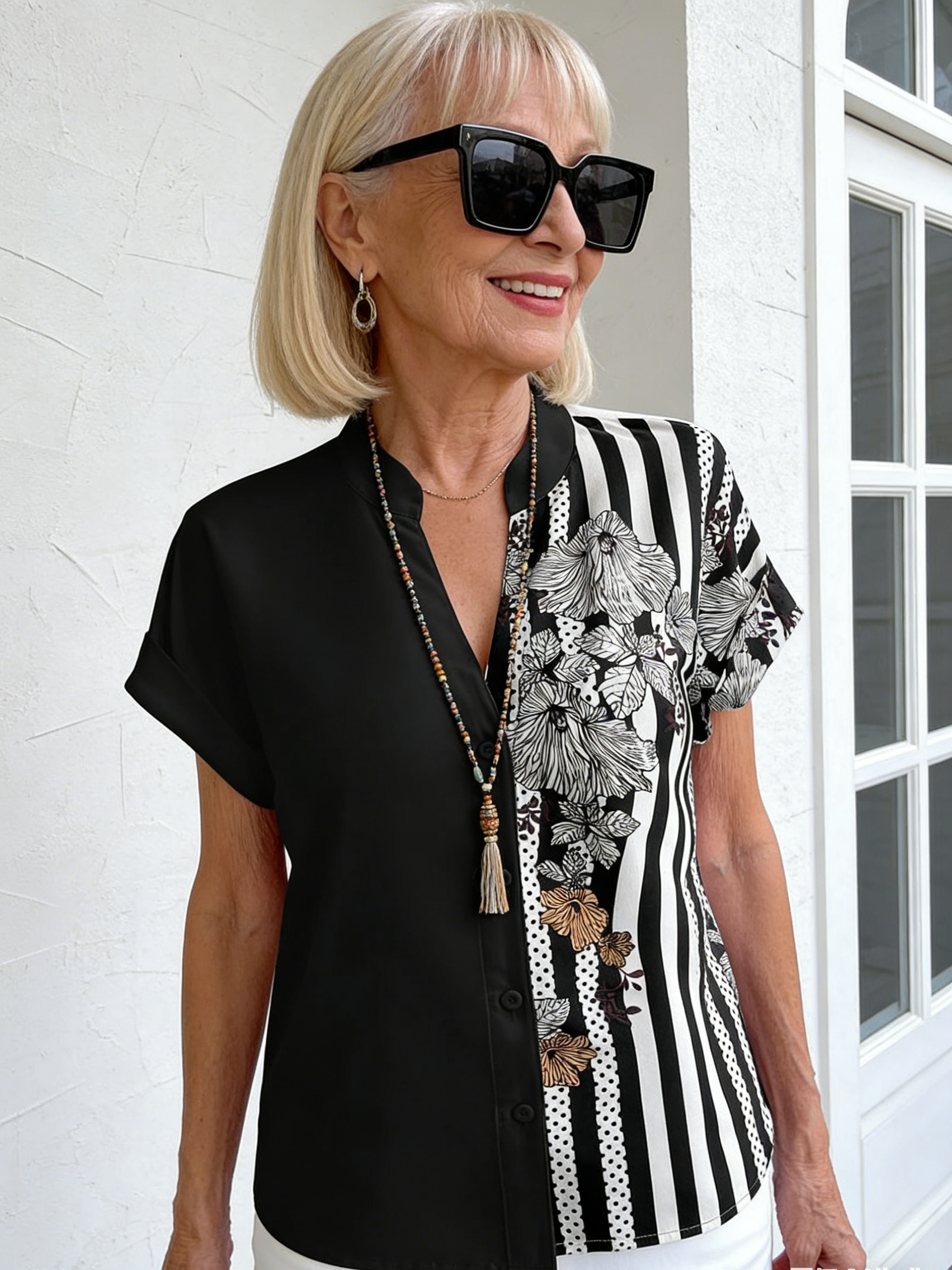 Double-spell Contrasting Floral Button-up Cardigan Short-sleeved Shirt