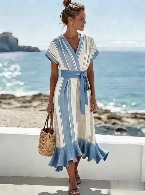 Women'S Casual Color-Block Striped Dress