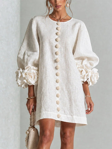 Women's 3D Floral Cuff Balloon Sleeve Mini Dress, Front Floral Button Cotton Linen Blend Shift Dress