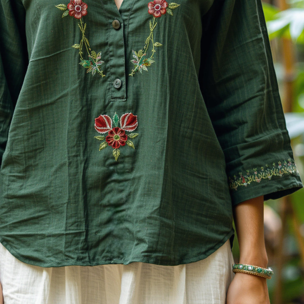 Women's New Casual Embroidery Printed Cotton And Linen Loose Shirt