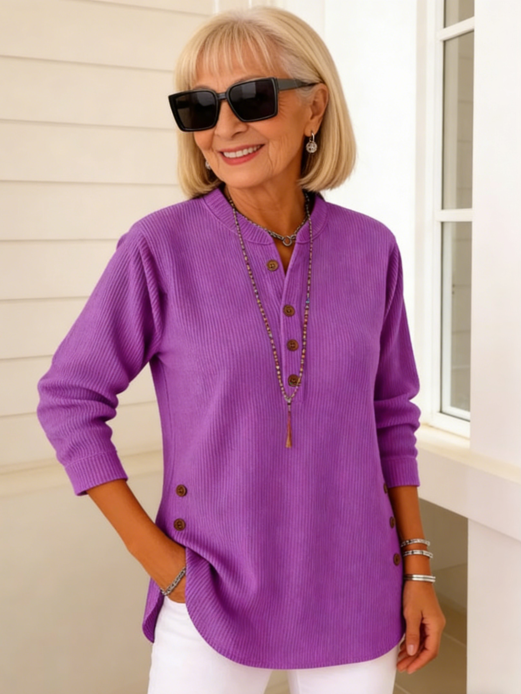 Corduroy Solid Color Loose Casual V-Neck Button Long Sleeve Women's Top T-Shirt