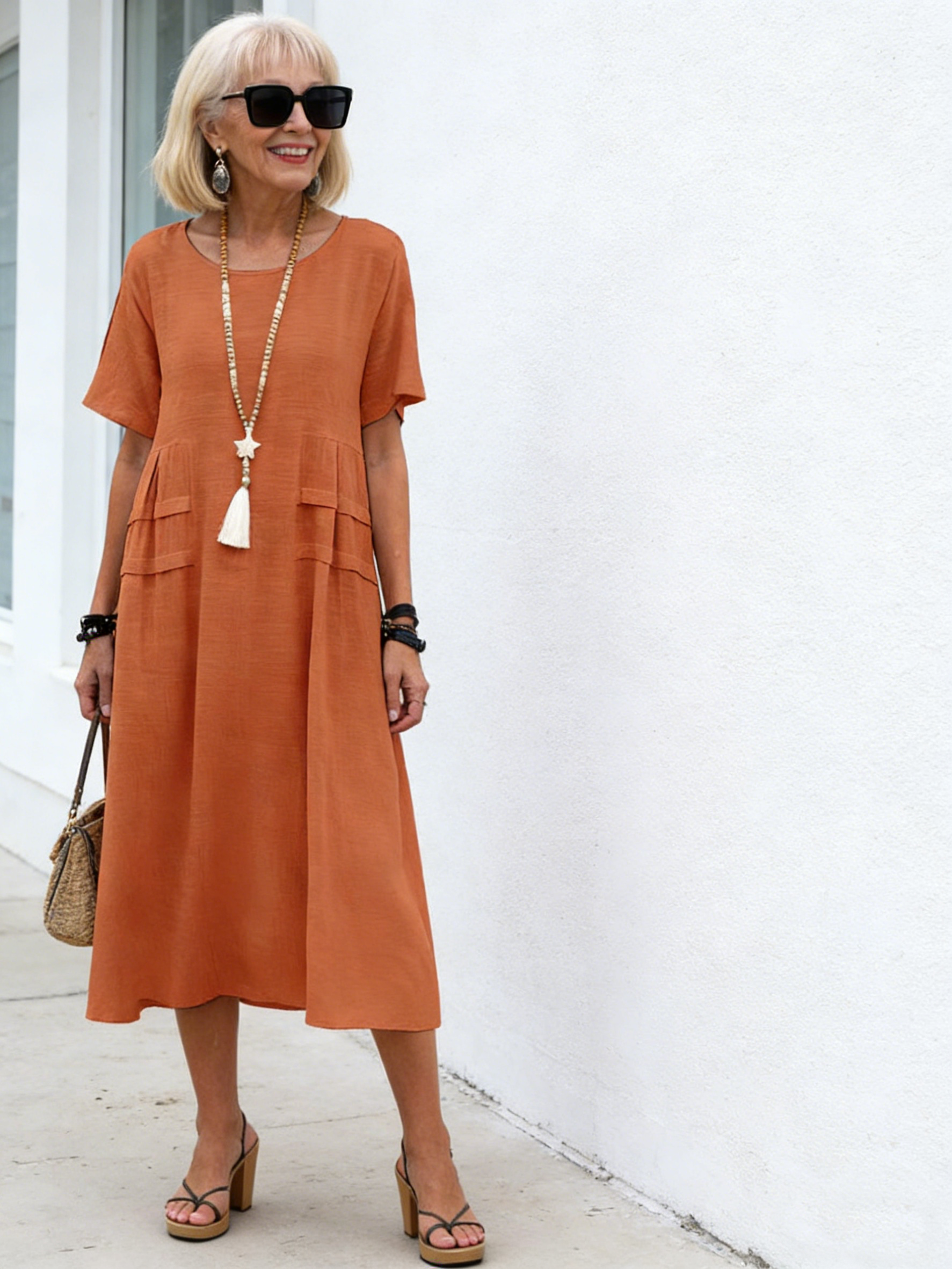 Plus Size Loose Casual Cotton and Linen Solid Color Round Neck Short-sleeved Medium and Long Dress