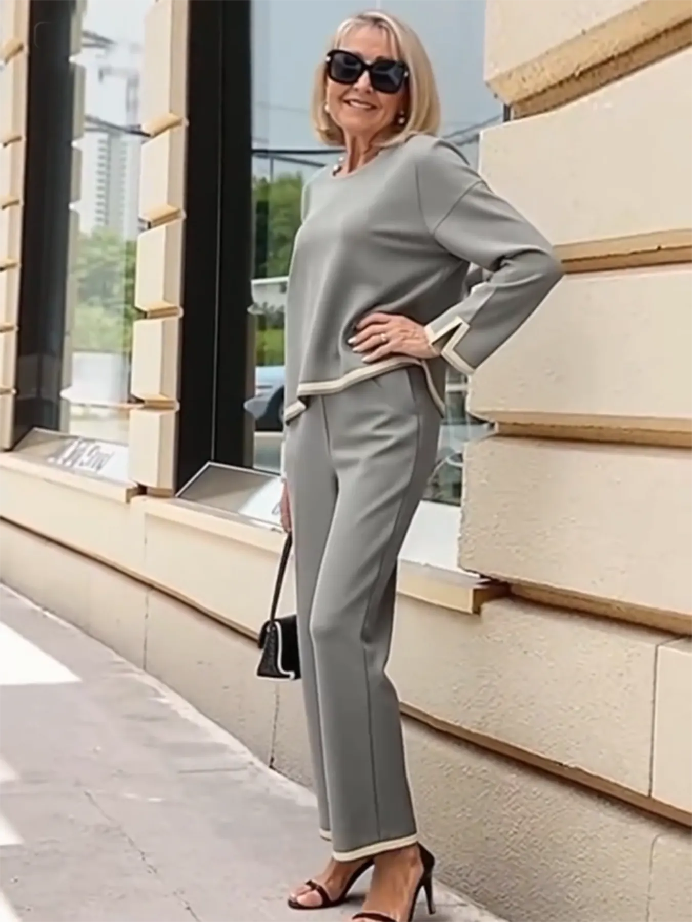 Contrasting Color Split-ended Long-sleeved Knitted Sweater High-waisted and Thin Wide-leg Pants and Trousers Two-piece Set