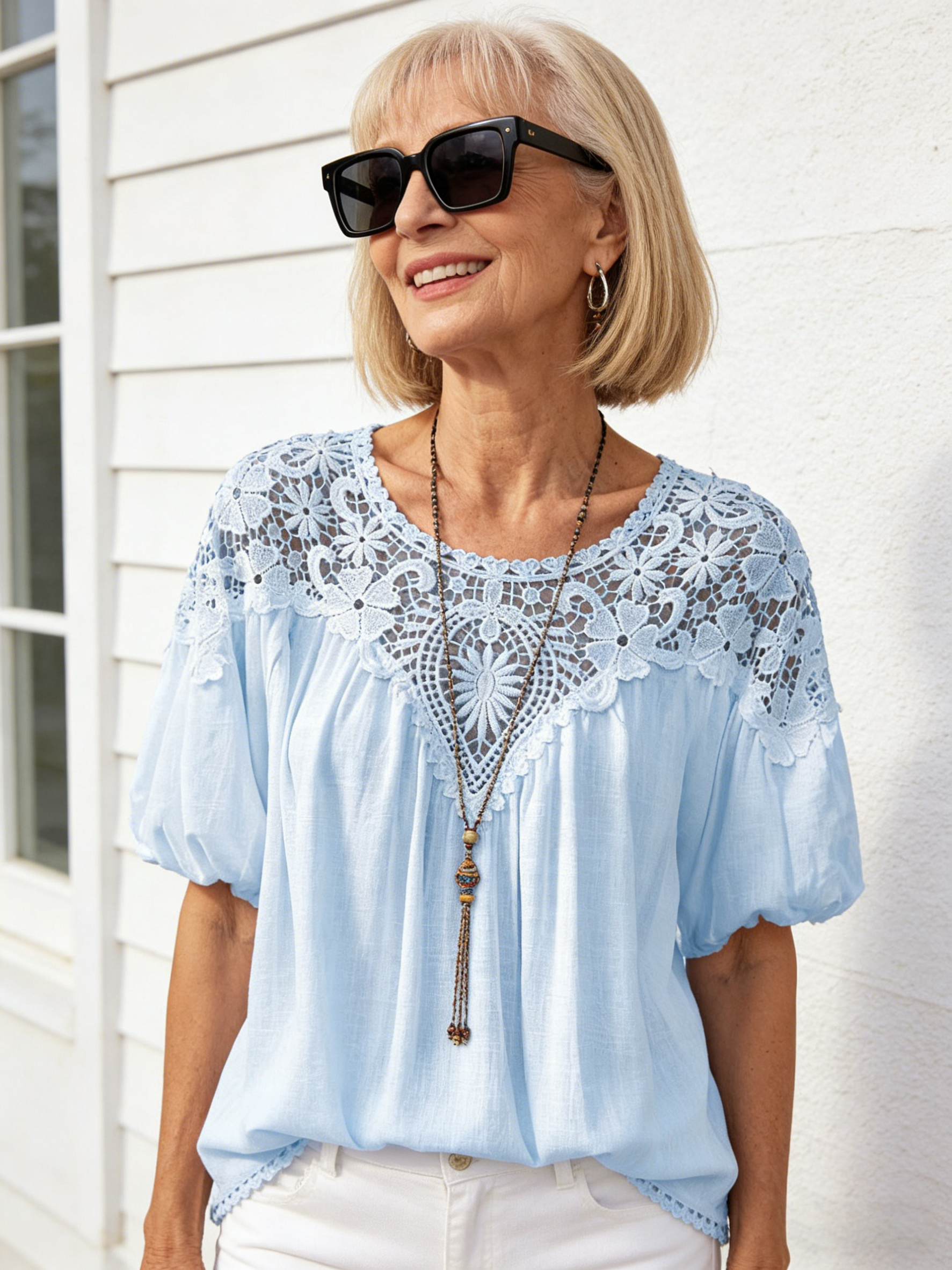 Casual Solid Color Lace Splicing Round Neck Short Sleeve Loose Women's Shirt