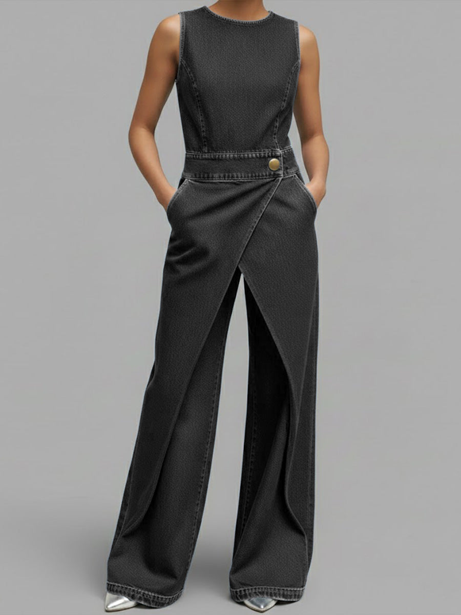 Women's Relaxed Round Neck Sleeveless Casual Loose Denim Wide-leg Jumpsuit