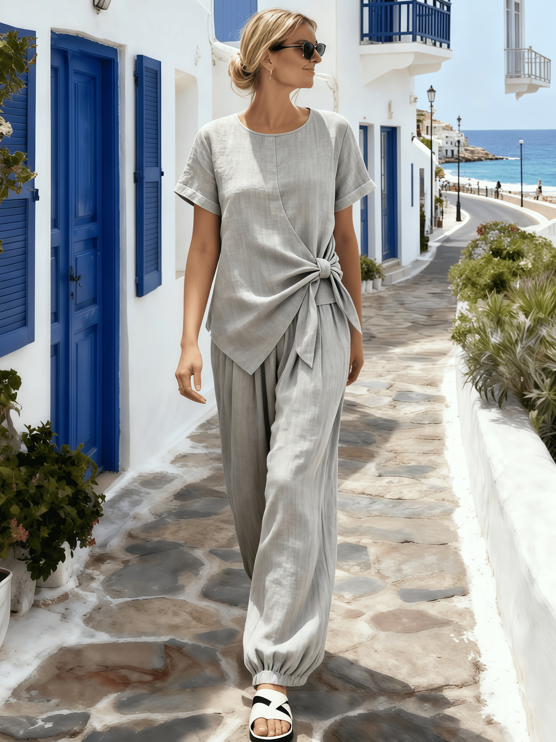 Women's Round Neck Pleated Short-Sleeved Suit With Tie Detail