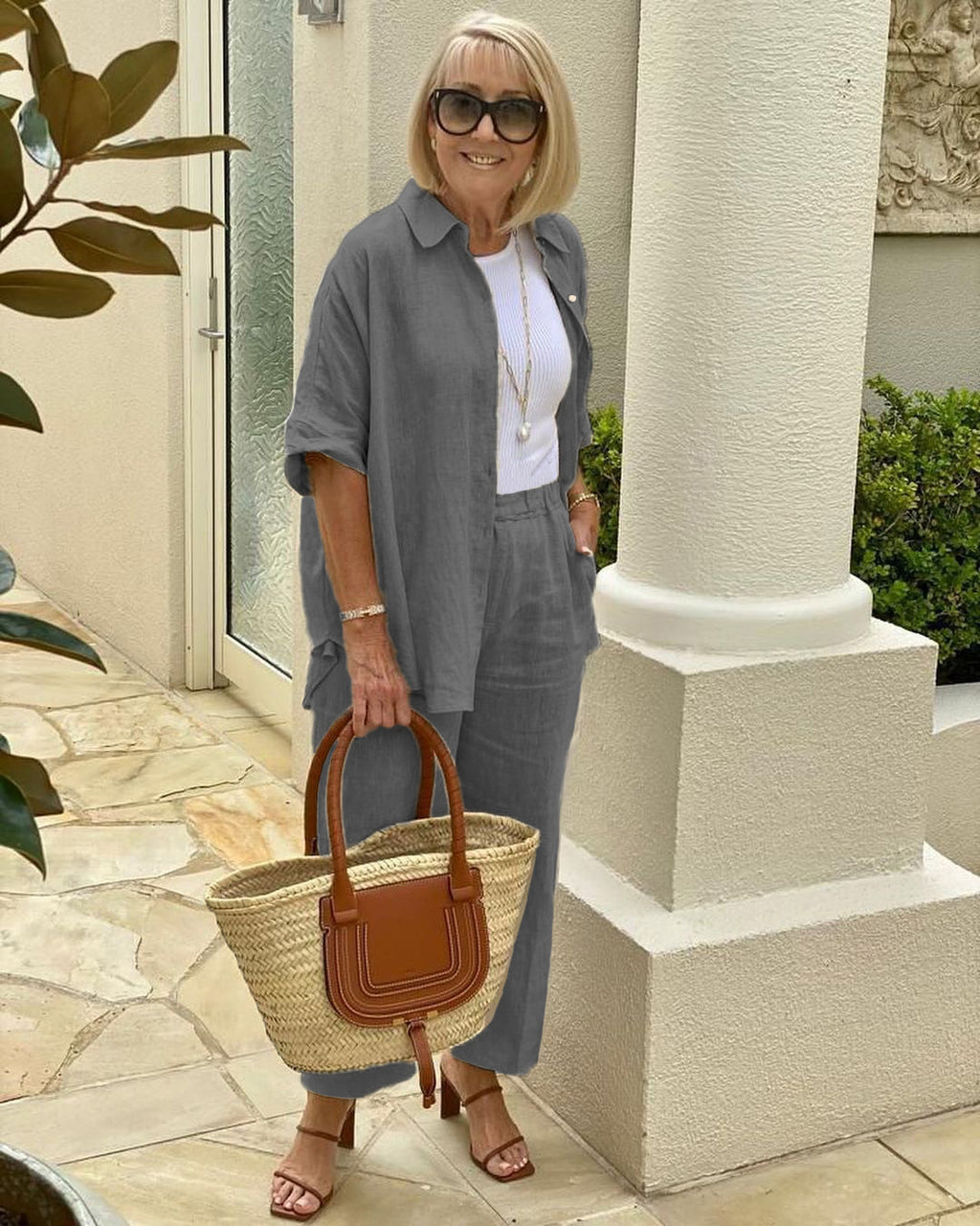 Long Sleeve Button Shirt &Minimalist Solid Two-piece Set