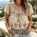 Women's Retro Ethnic Floral Pattern Casual Linen Blend T-shirt
