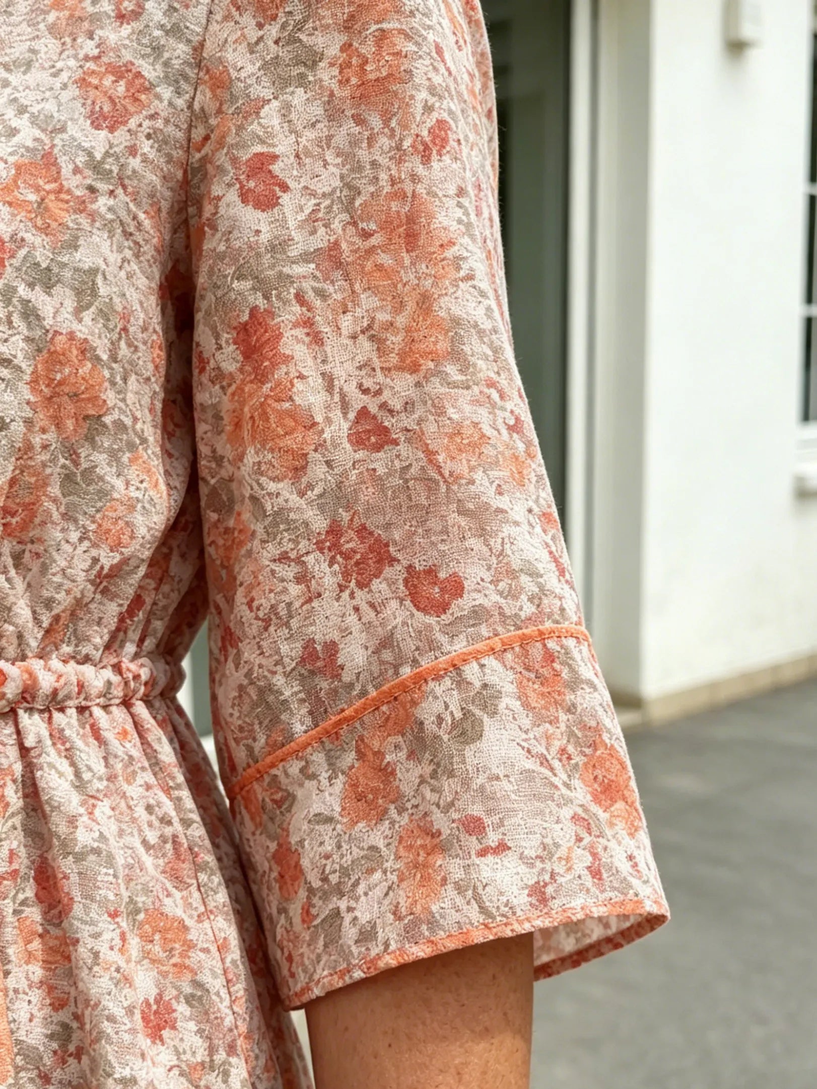 Peach Floral Chiffon Midi Dress, Round Neck 3/4 Sleeve Drawstring Waist Loose Flowy Knee-Length Dress