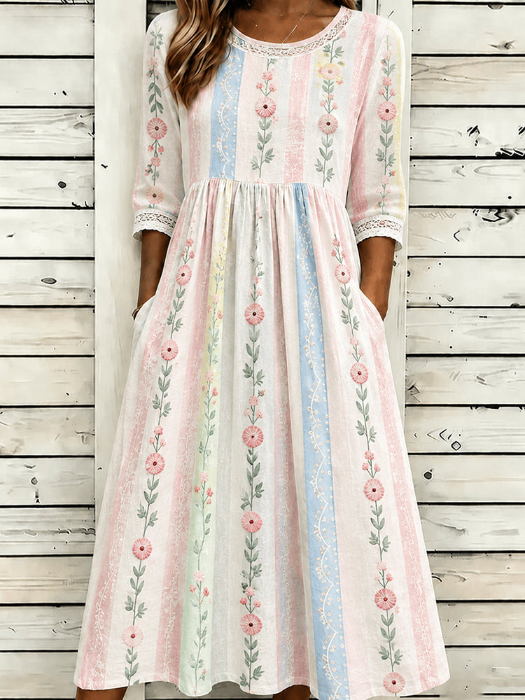 Women's Vintage Floral Embroidered Patchwork Art Round Neck Midi Dress
