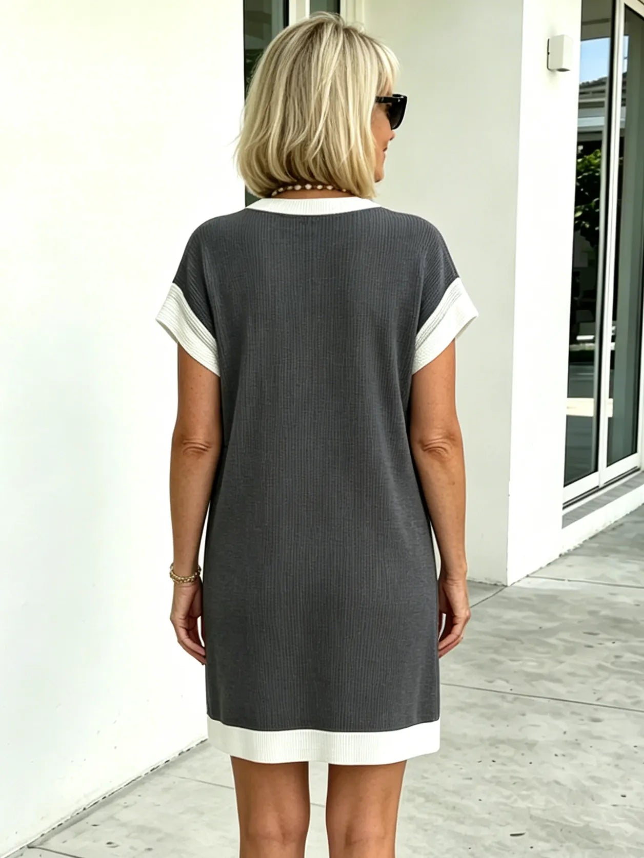 Textured Fabric Casual Contrast Twist Strip Short Sleeve Pocket Dress