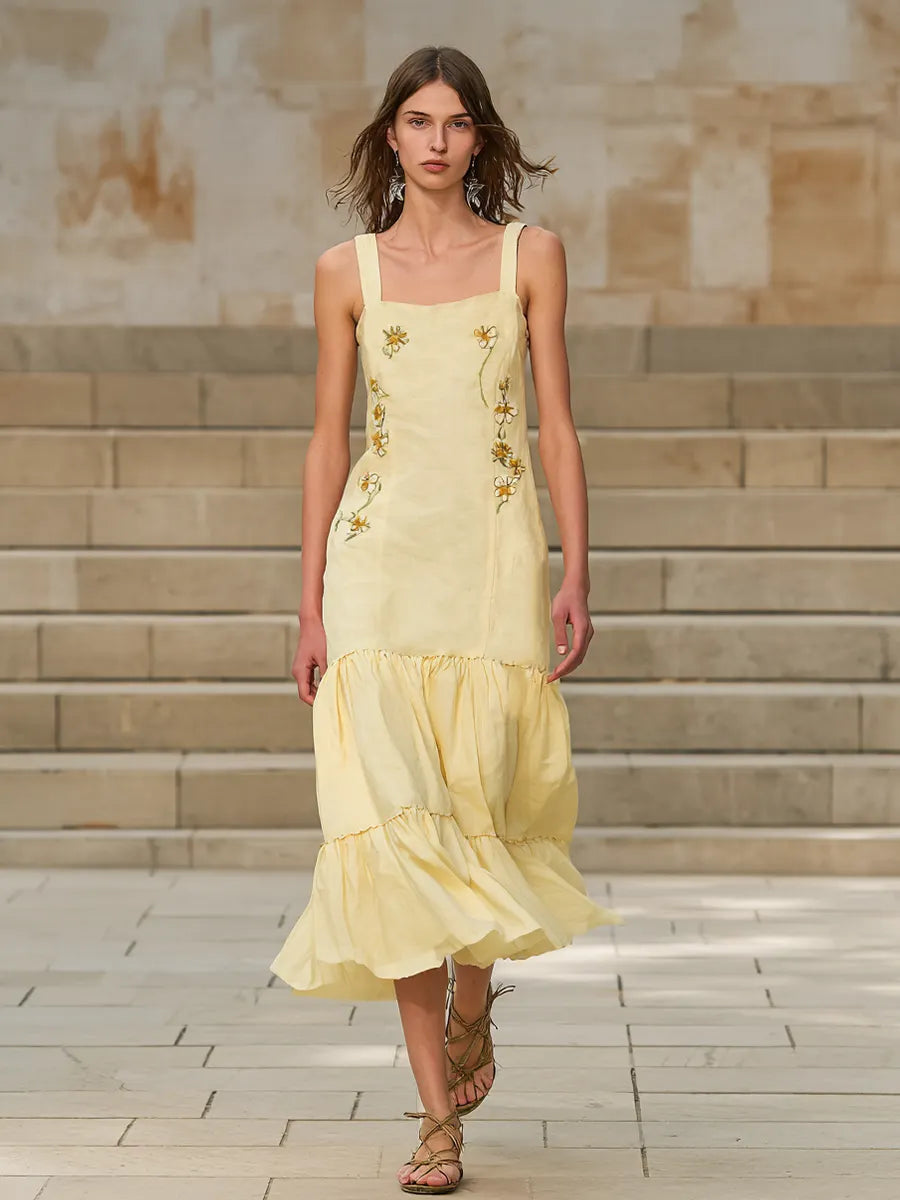 Women's Pastoral Pale Yellow Linen-Cotton Embroidered Square Neck Tiered Maxi Dress MDZ2032D1GMJ