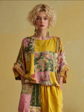 Bohemian Style Plant Flower Pattern Multi-color Women Cotton And Linen Top